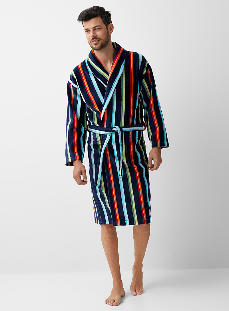 Le 31 Patterned Blue Vertical stripe velvet robe for men
