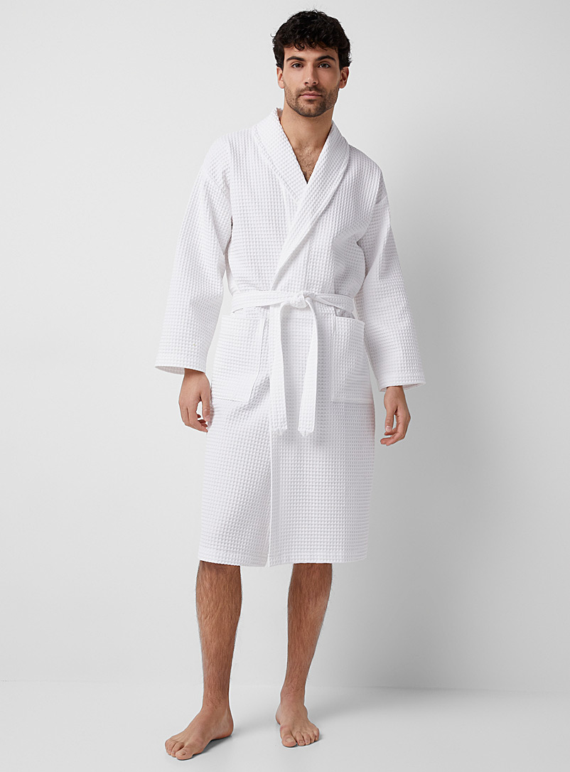 Le 31 White Honeycomb waffle robe for men