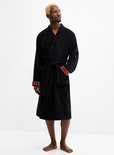 Le 31 Patterned Black Tartan-accent terry bathrobe for men