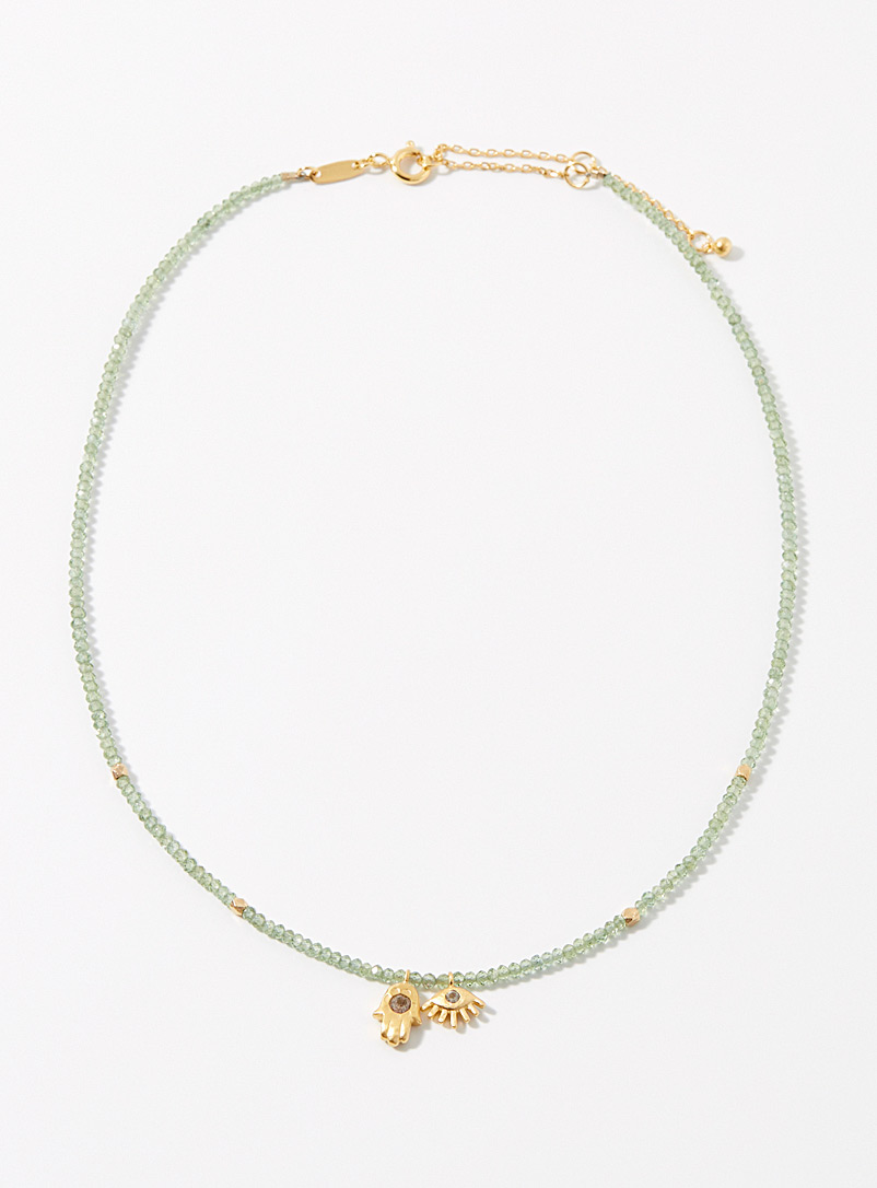 Satya Patterned Green Hamsa and evil eye quartz necklace for women