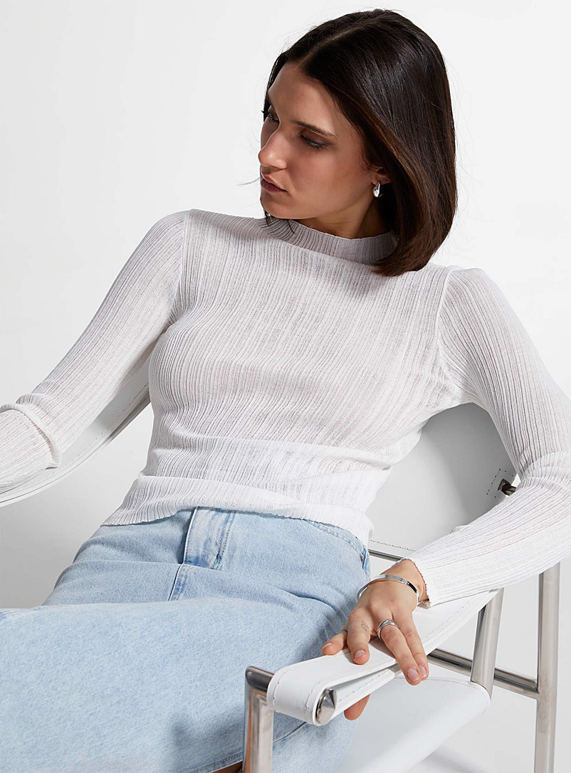 Icône White Irregular ribbing sheer sweater for women