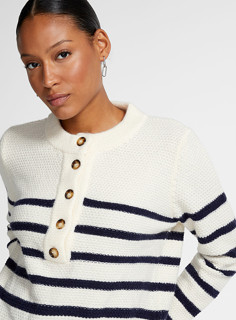 Icône Patterned White Navy stripes textured Henley sweater for women