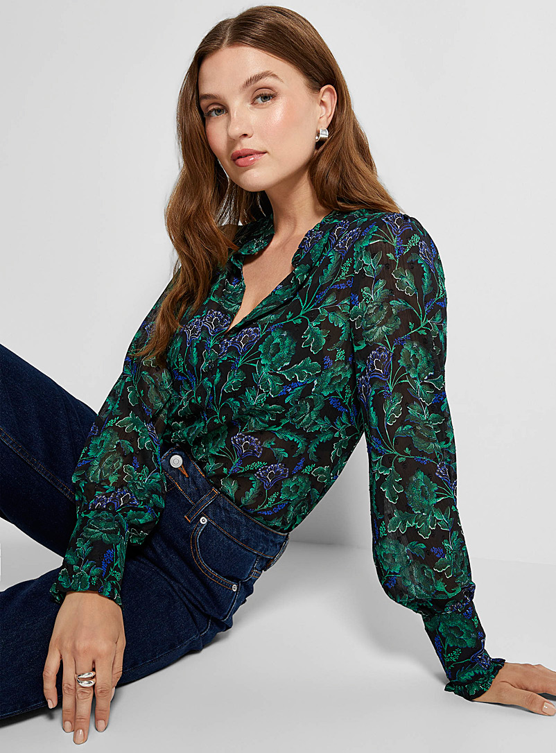 Icône Patterned Black Night garden sheer blouse for women