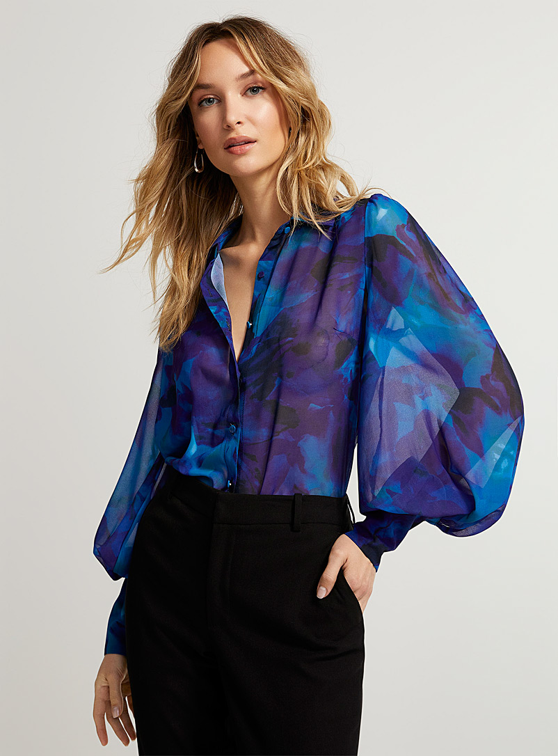 Icône: La blouse chiffon diaphane fleurs abstraites Bleu pour femme