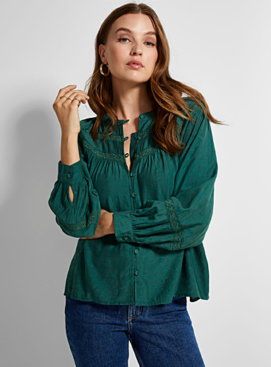 Forest green embroidered leaves blouse