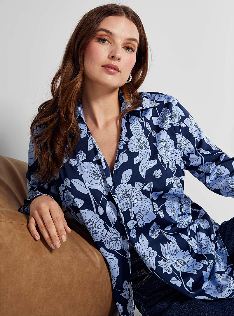 Icône Patterned Blue Blue flowers satiny shirt for women