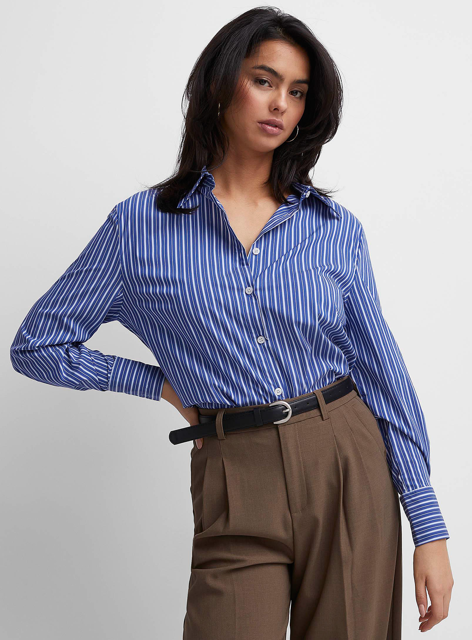 Icone Soft Poplin Striped Loose Shirt In Patterned Blue