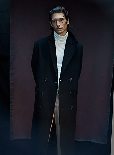 Filippa K Black Long double-breasted wool coat for men