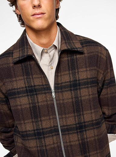 Filippa K Patterned Brown Checkered brushed wool zip-up jacket for men