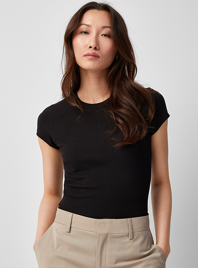 Filippa K Black Finely ribbed fitted T-shirt for women
