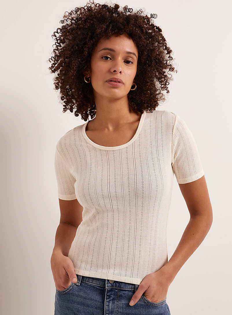 Filippa K Off White Pointelle pattern cream-coloured T-shirt for women