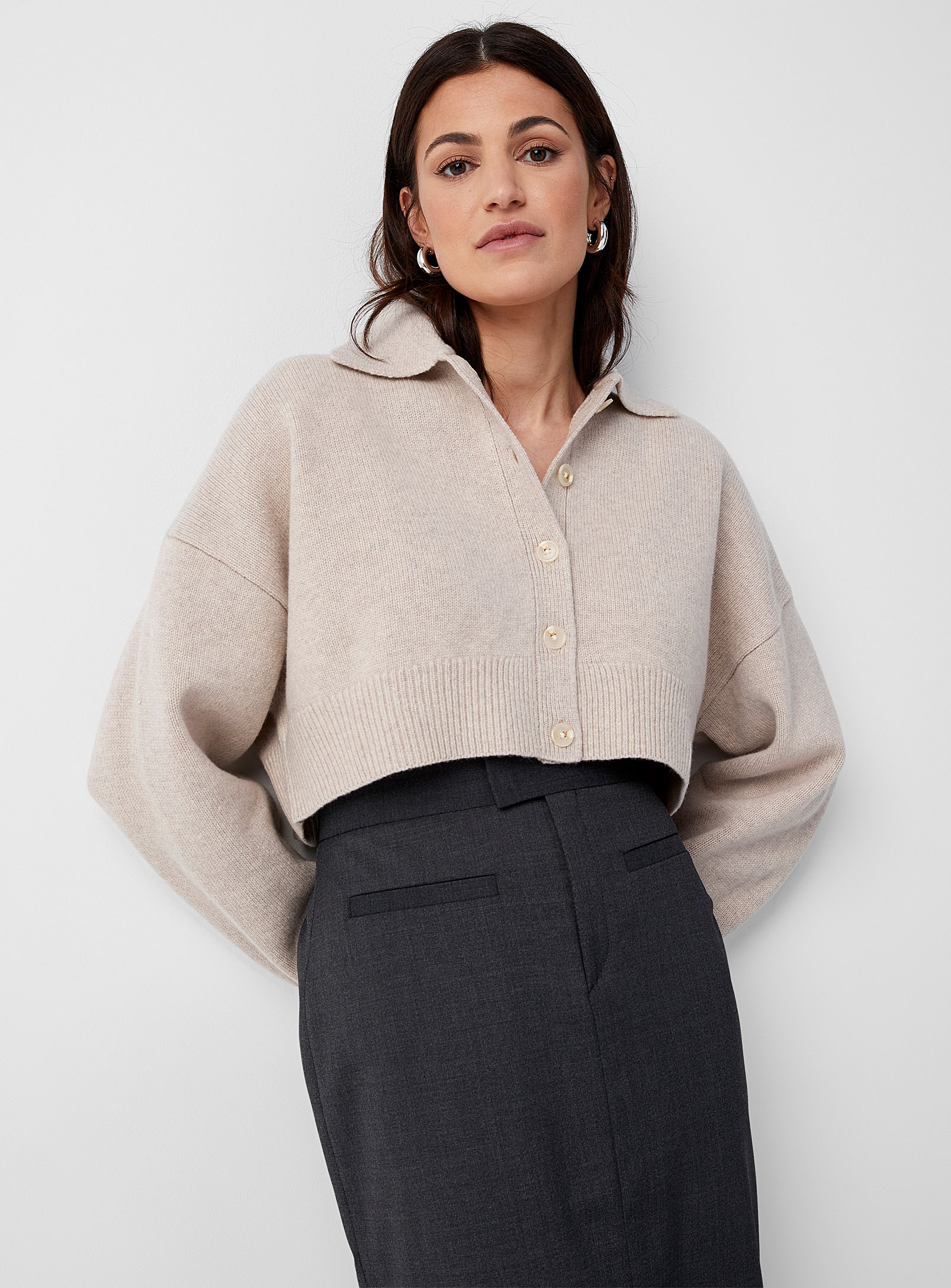 Shop Filippa K Cropped Point Collar Pure Wool Cardigan In Light Brown