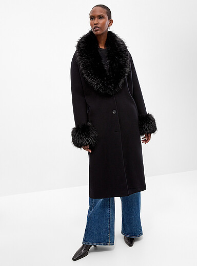 Contemporaine Black Removable faux-fur trim coat-effect cardigan for women