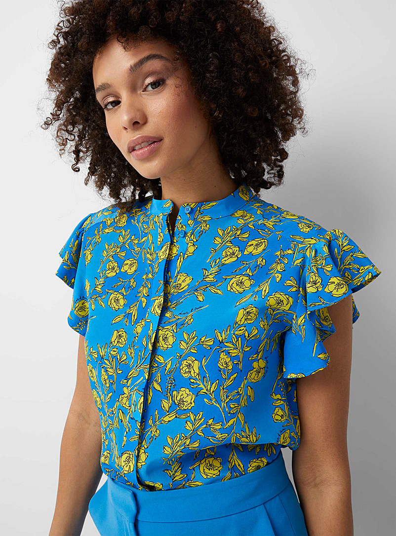 Judith & Charles Patterned Blue Iris yellow flowers pure silk blouse for women