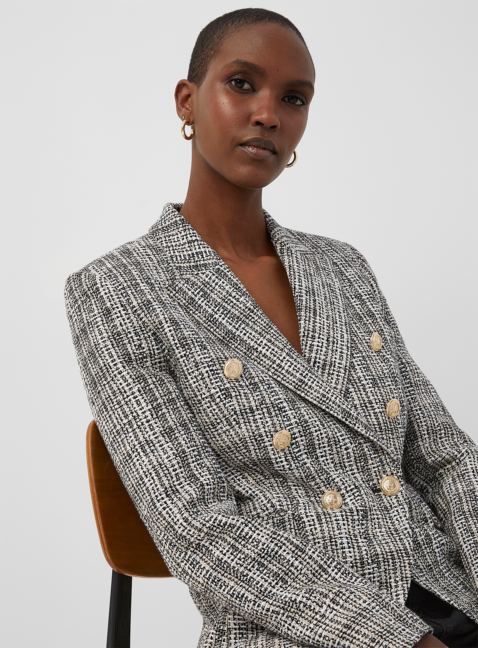 Judith & Charles Rothco Golden Buttons Tweed Blazer In Black And White