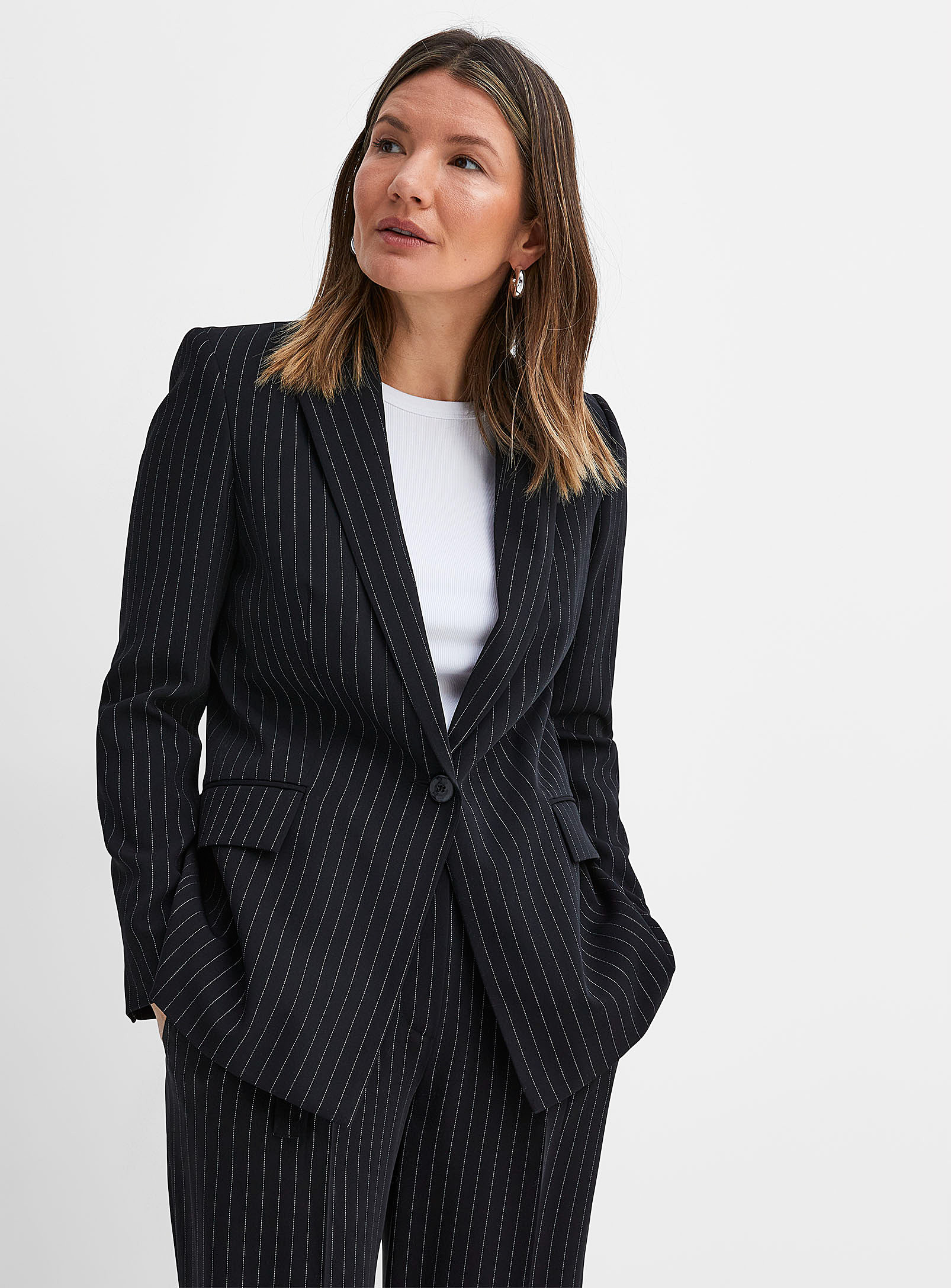 Judith & Charles Silas Pinstriped Fitted Blazer In Black