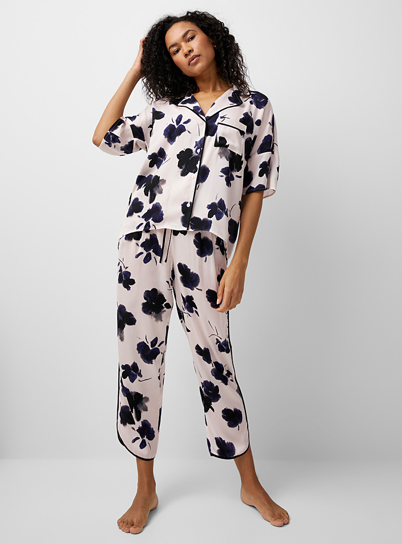 Donna Karan Patterned Ecru Painterly floral satiny pyjama set for women