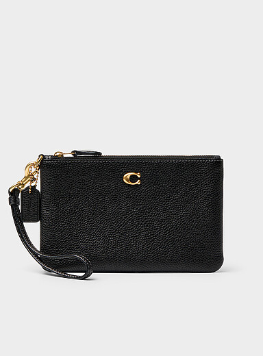 Leather zip clutch with wrist strap