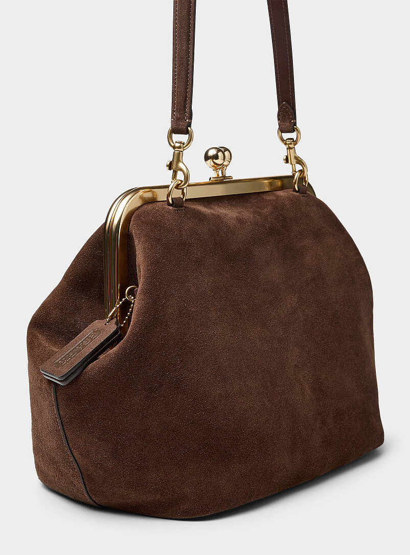 Chocolate suede Kisslock bag | Coach | Shop Women's Designer Bags