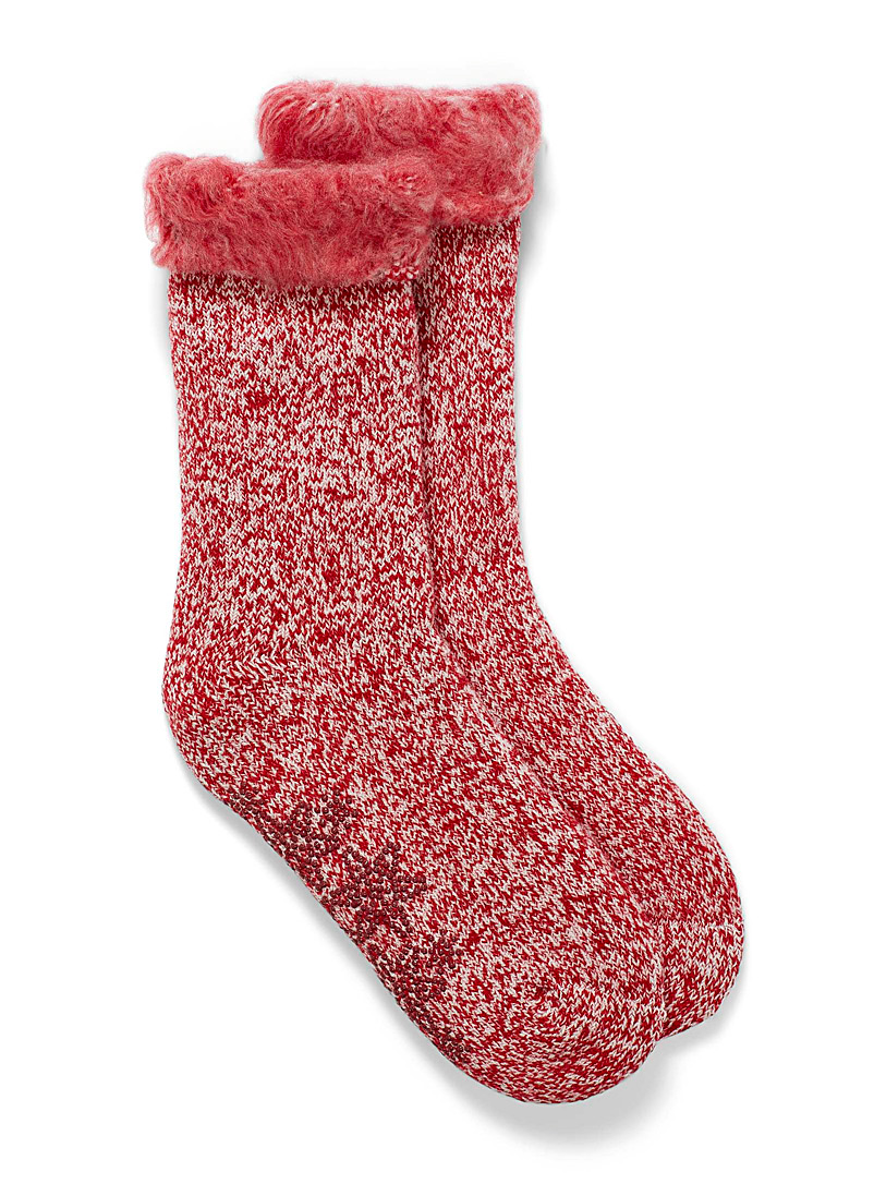 Simons Red Fuzzy interior heathered knit sock for women
