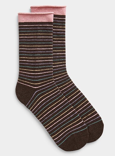 Rolled-hem striped merino wool socks