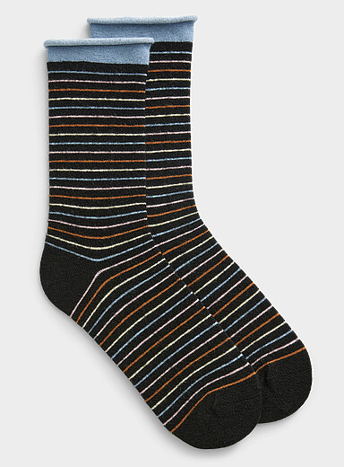 Rolled-hem striped merino wool socks