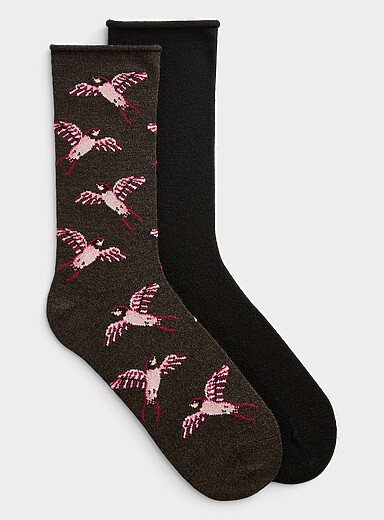 Bird/solid merino socks 2-pack