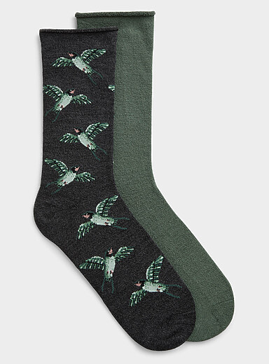Les chaussettes m&eacute;rinos oiseaux/unie Emballage de 2