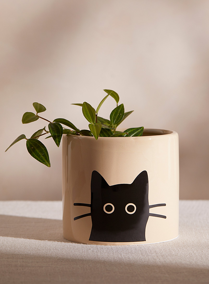 Simons Maison Ivory/Cream Beige Black cat planter 4.25 in