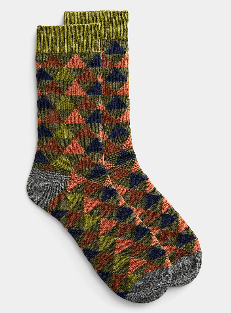 Le 31 Patterned Green Triangle mosaic wool sock for men