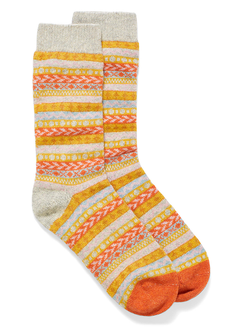 Simons Patterned Orange Colourful jacquard knit socks for women
