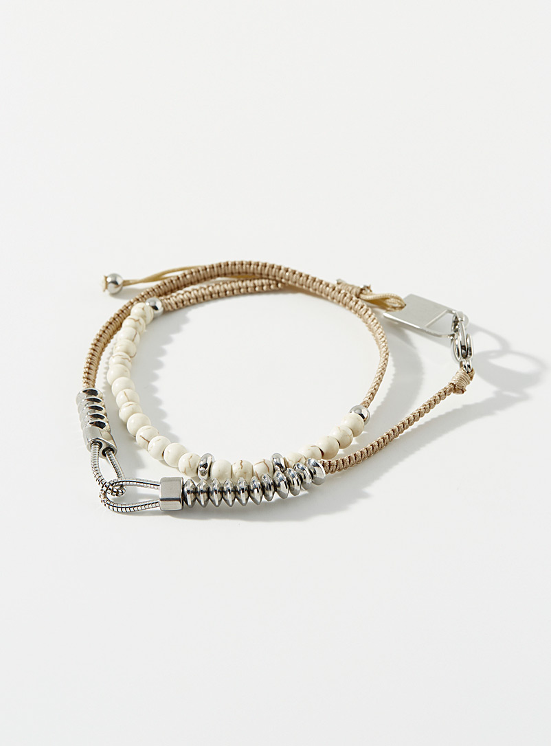 Zag Bijoux Ivory/Cream Beige Stone and stainless-steel double-wrap bracelet for men
