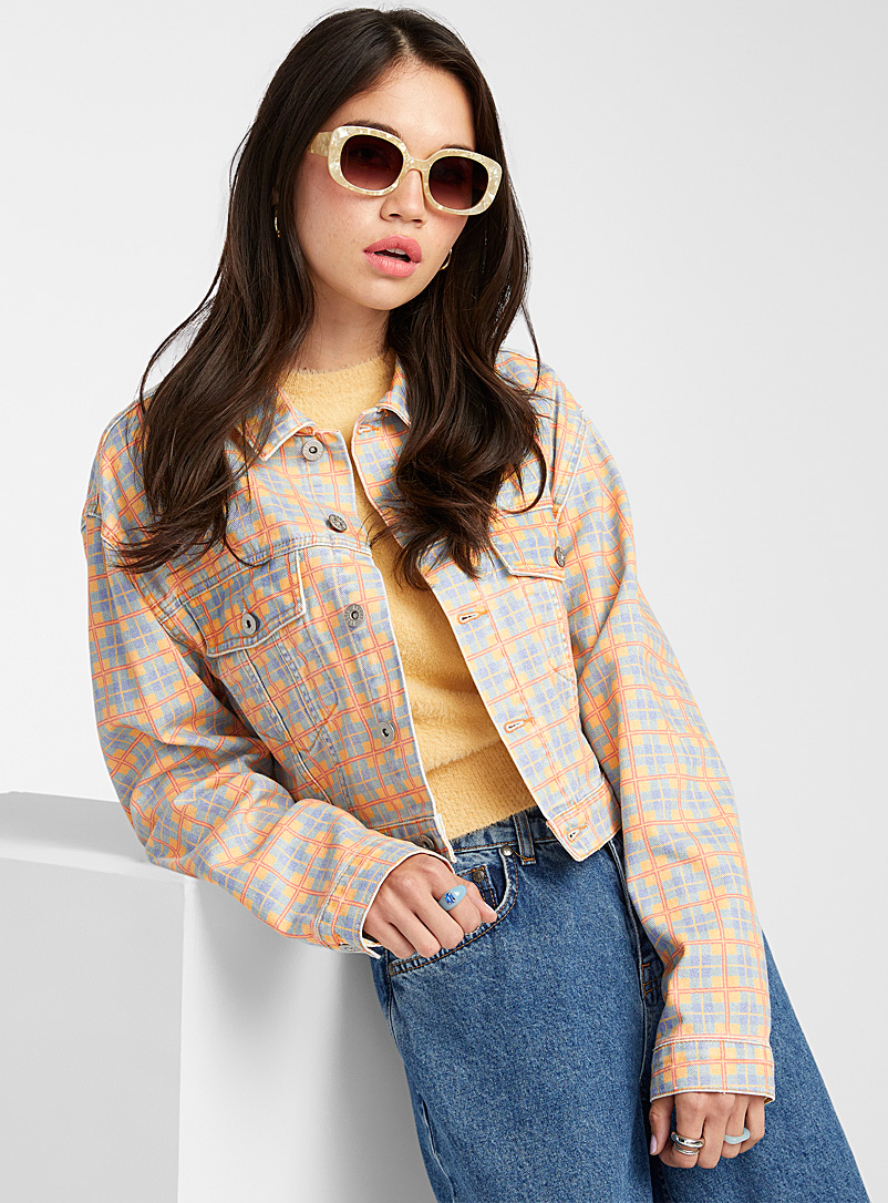 The Ragged Priest Patterned Blue Sunny check jean jacket for women