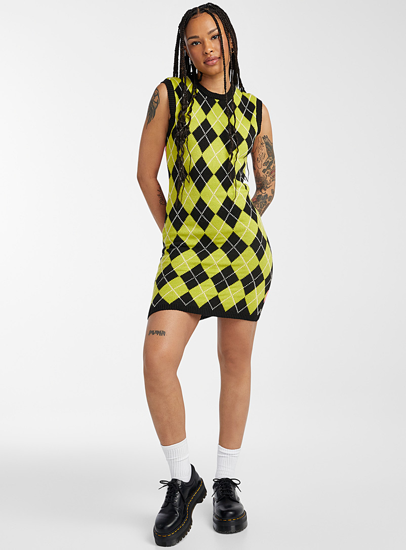 The Ragged Priest Patterned Black Fitted argyle knit dress for women