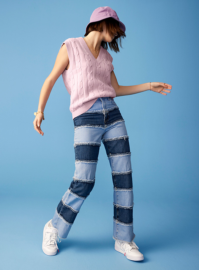 The Ragged Priest Baby Blue Patchwork-stripe jean for women