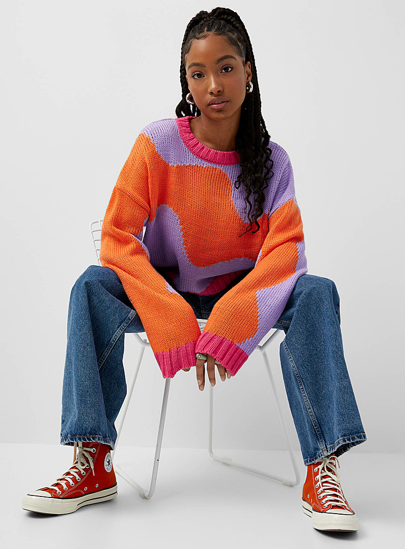 The Ragged Priest Patterned Crimson Colourful wave cropped sweater for women