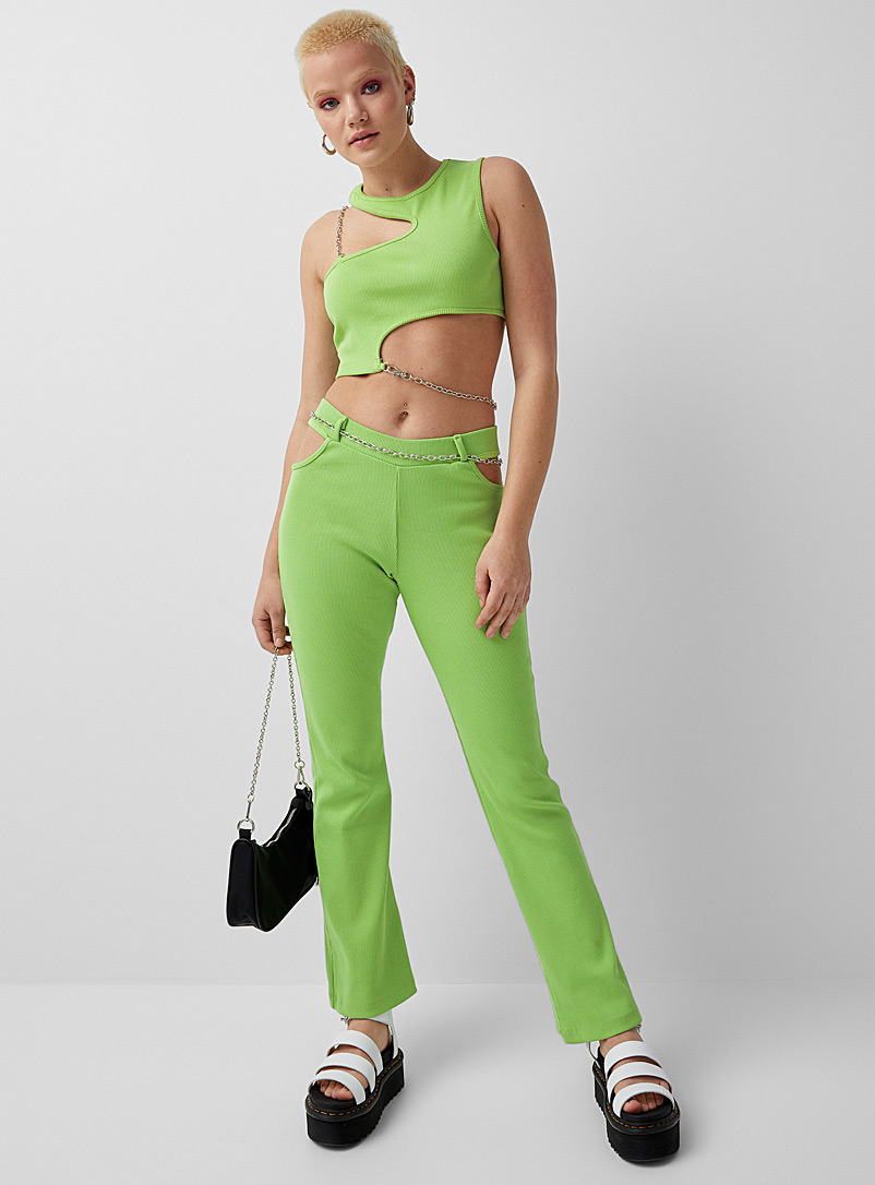 The Ragged Priest Lime Green Chain and cutout flared pant for women