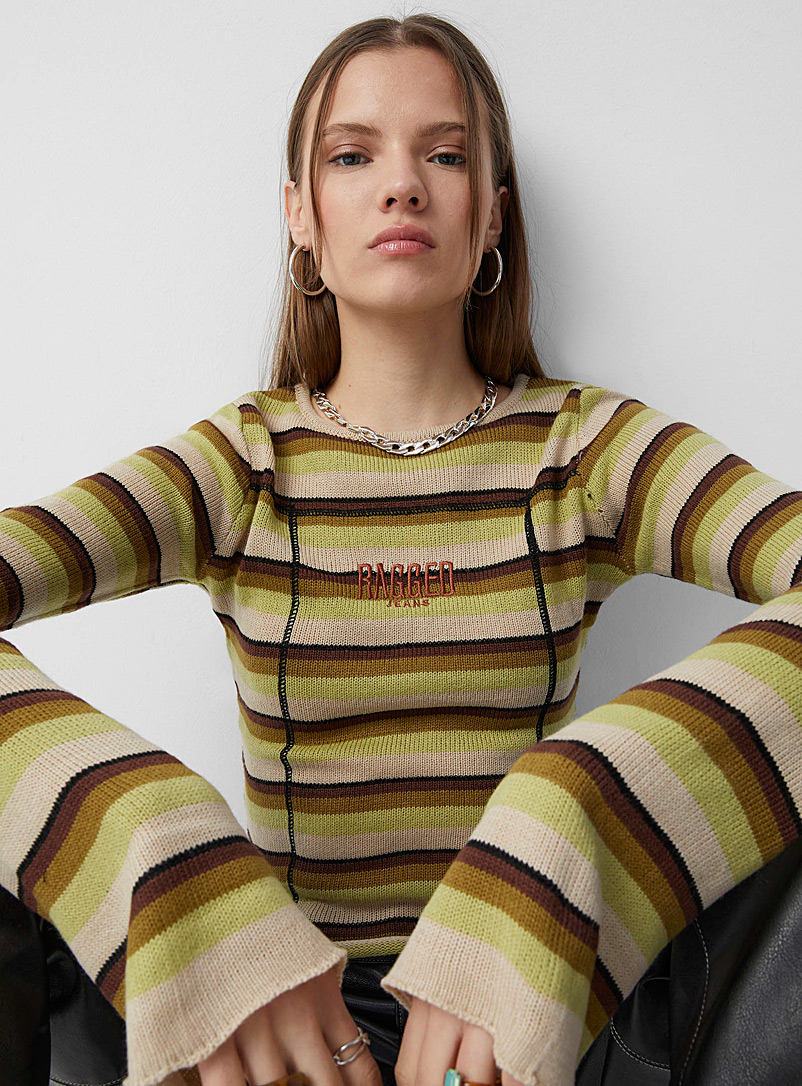 The Ragged Priest Patterned Green Flared-sleeve striped sweater for women
