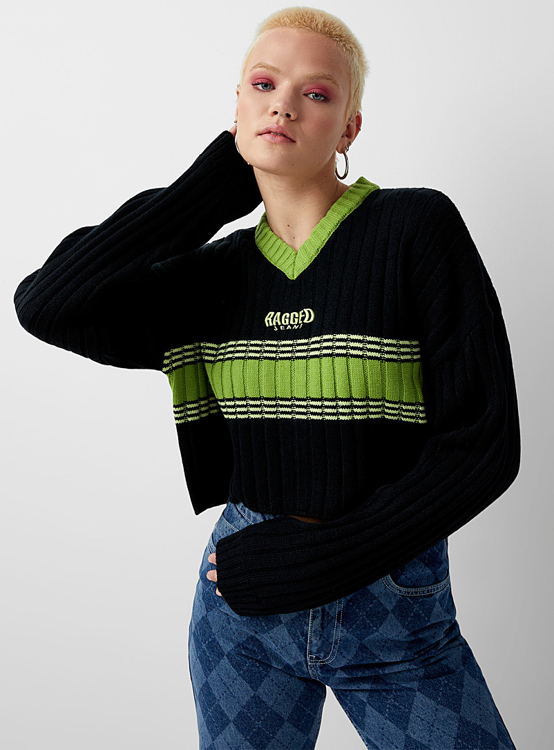 The Ragged Priest Black Green stripes ribbed cropped sweater for women