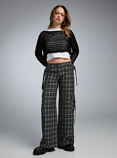 The Ragged Priest Patterned Black Checkered wide-leg pant for women