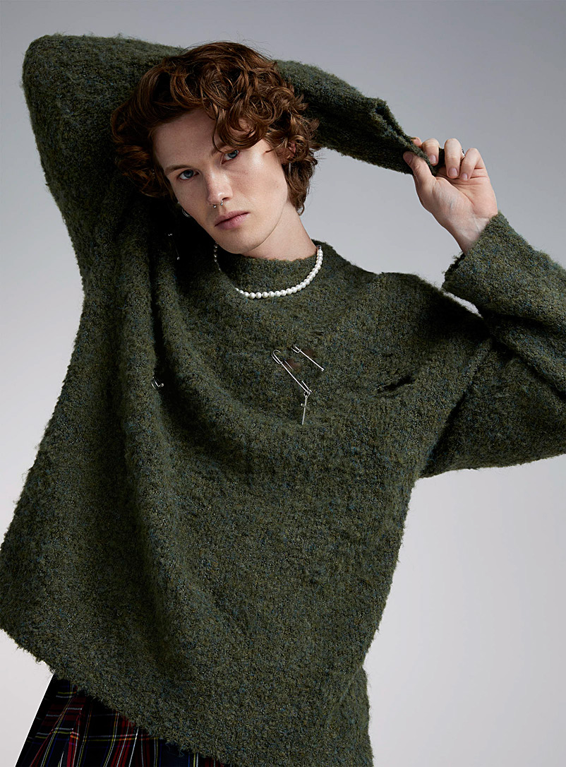 The Ragged Priest Green Distressed bouclé sweater for men
