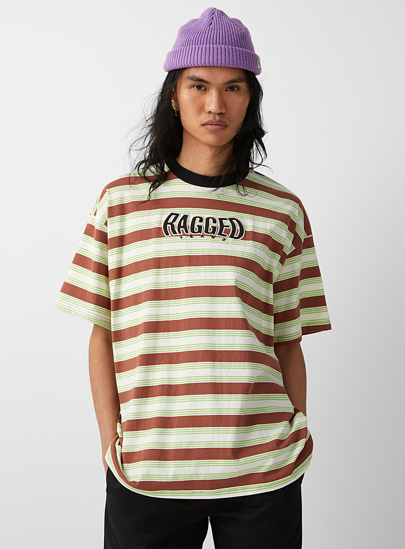 The Ragged Priest Brown Striped loose ringer T-shirt for men