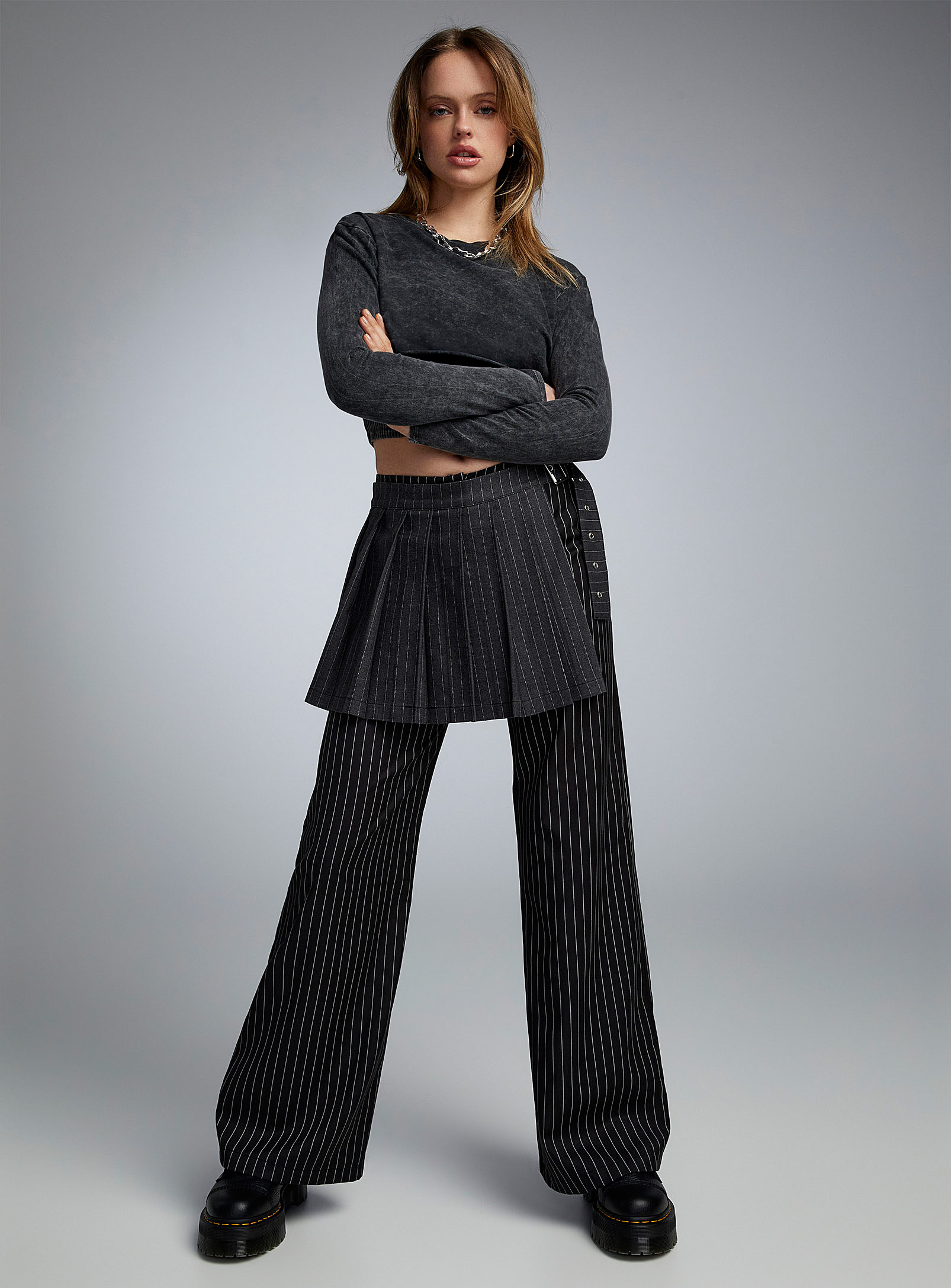 The Ragged Priest Striped Skirt Pant In Patterned Black
