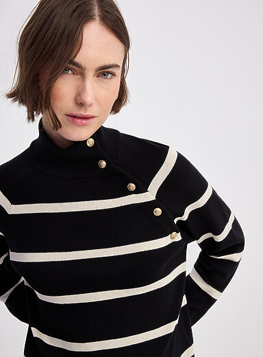CREAM Patterned Black Buttoned mock-neck striped sweater for women