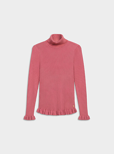 Ruffled trim ribbed turtleneck sweater