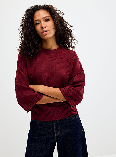 CREAM Burgundy 3/4-sleeve zebra textured sweater for women
