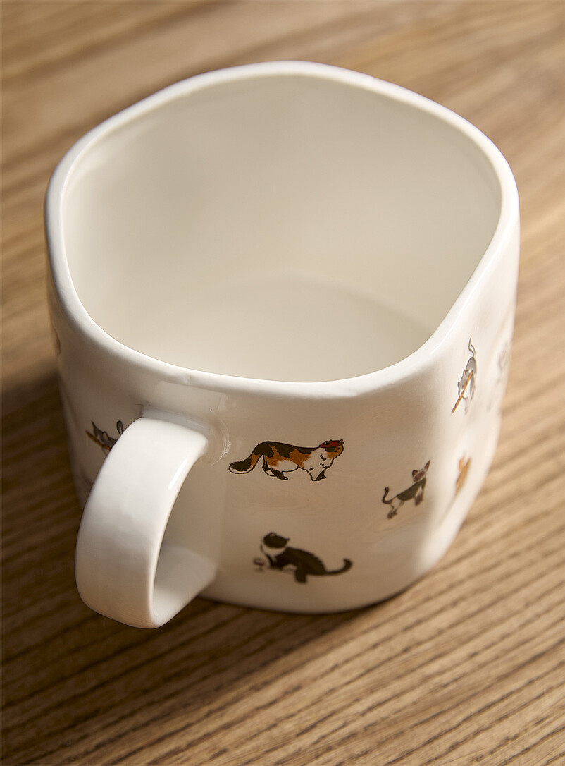Simons Maison: La grande tasse emboss&eacute;e belle vie chats Blanc &agrave; motifs
