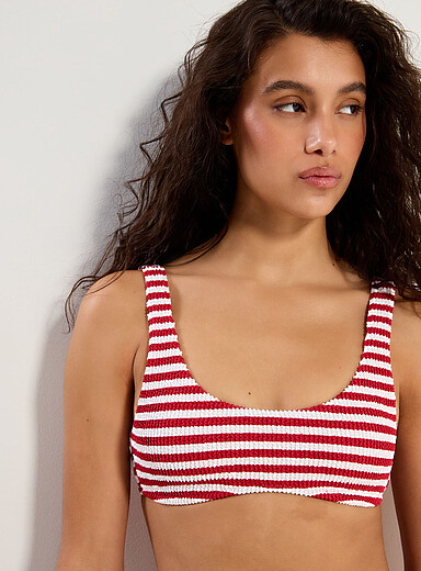 Simons: La bralette ray&eacute;e texture frison Rouge &agrave; motifs pour femme