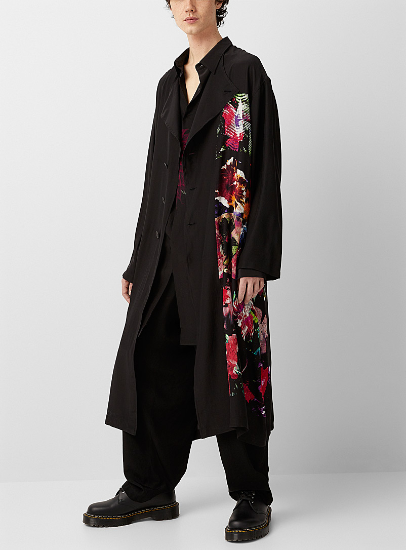 Yohji Yamamoto: Le long manteau floral pure soie Noir pour homme