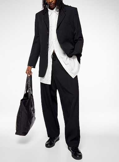 Yohji Yamamoto Black Drawcord-waist wide-leg pure wool pant for men